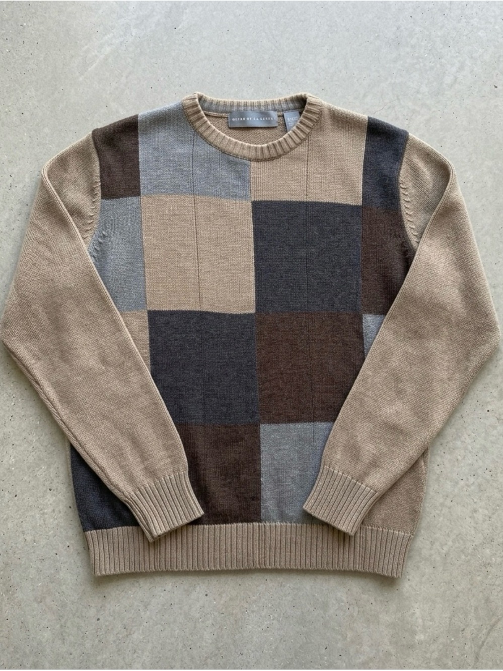 Oscar de la Renta Beige, Brown, Gray Patchwork Crewneck Sweater